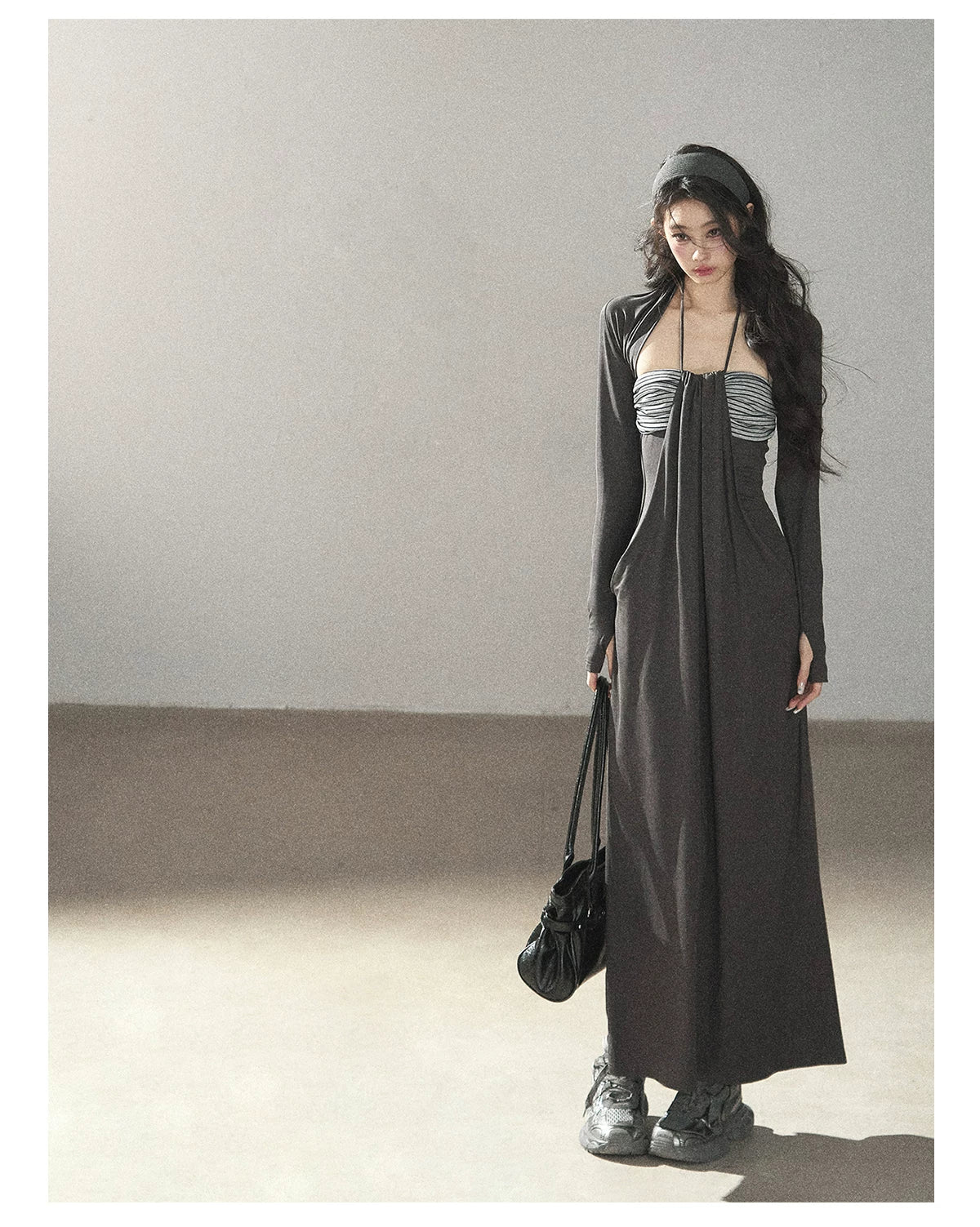 AOMALM - "Twilight River Cove" Cloud Mist Gray Striped Knit Shoulder Wrap Dress Set