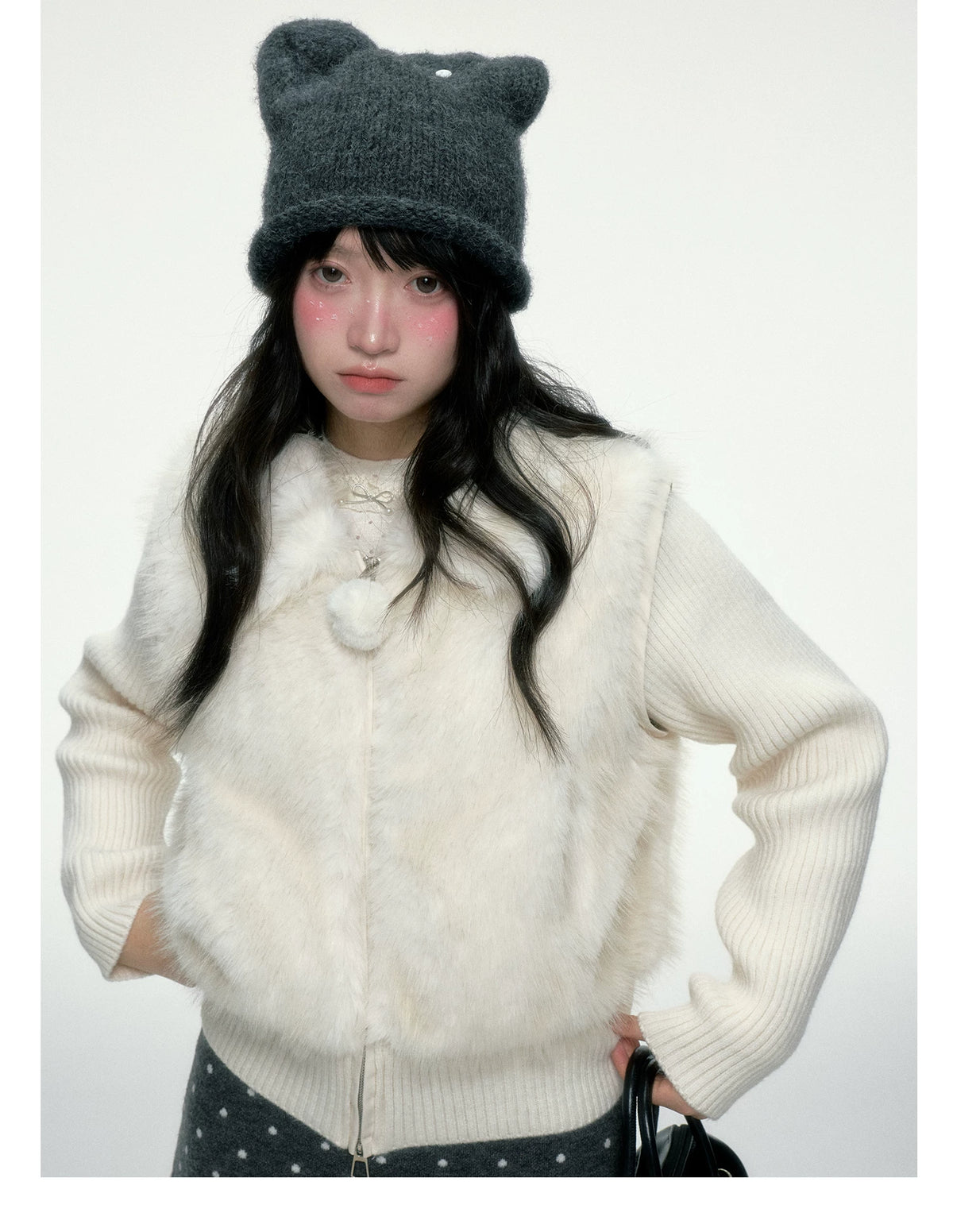 BIBIBENCY - Ivory Faux Fur Vest with Knit Sleeves