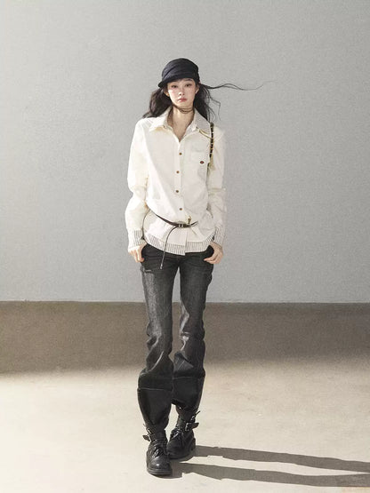 AOMALM - Cream White Stripe Belted Shirt Top