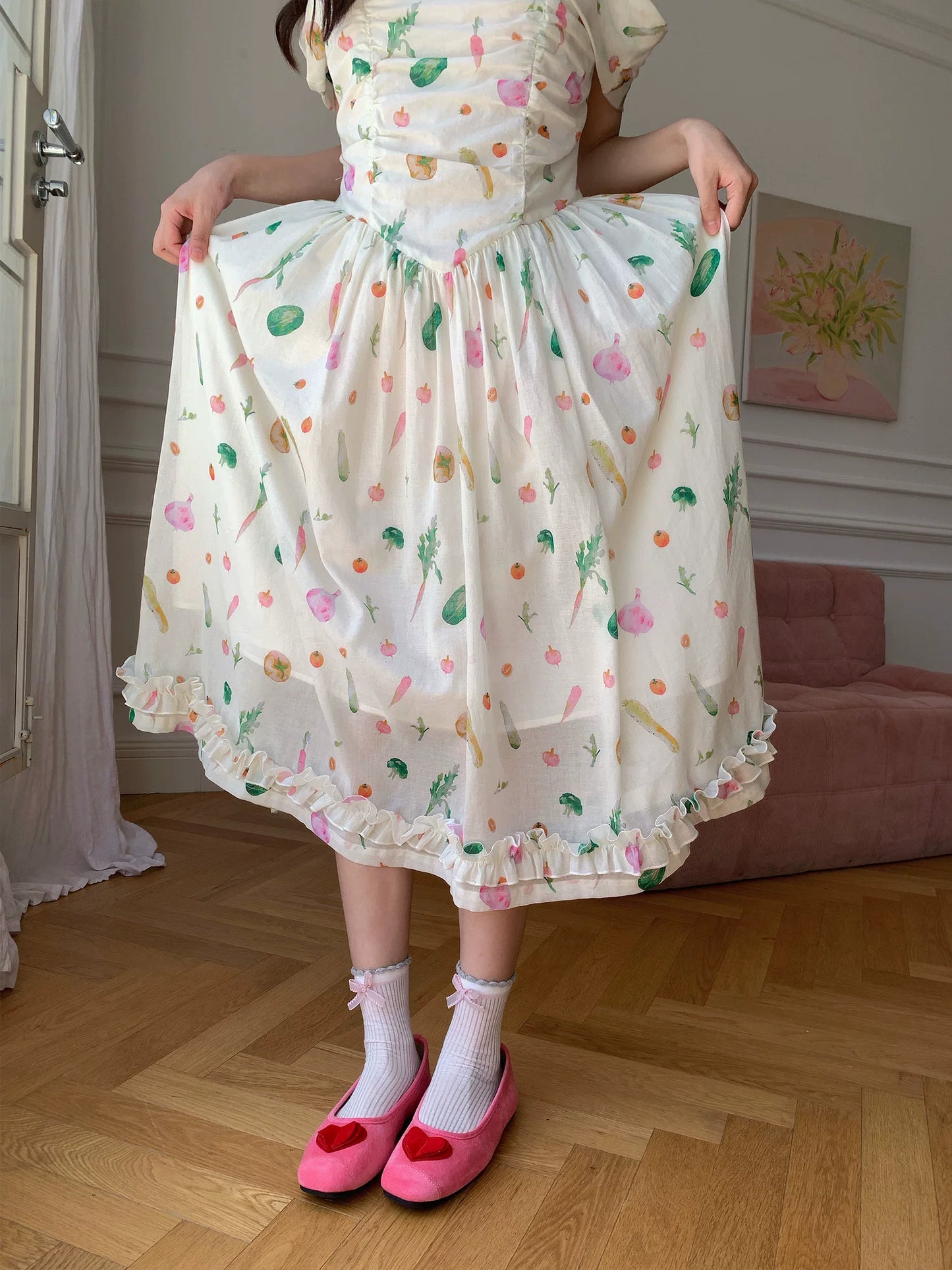 “Verdant Orchard Reverie” Beige Fruit Print Off-Shoulder Dress