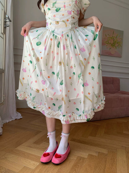 “Verdant Orchard Reverie” Beige Fruit Print Off-Shoulder Dress