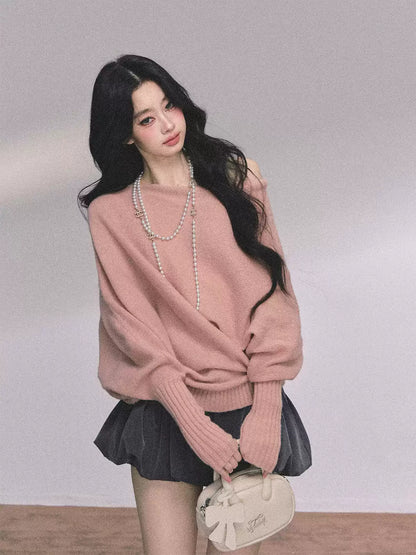 少也眼 “Soft Minimalism” Off-Shoulder Versatile Knit Top - Blush Pink 6416515