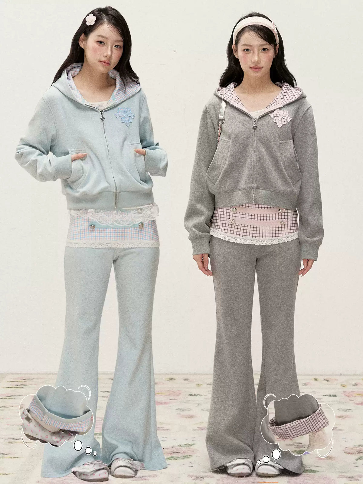[RF] Soft Gingham Color-Block Hoodie and Flare Pants Set (Blue / Mauve)