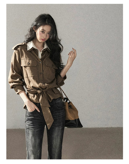 AOMALM - "The Final Chapter of an Old Dream" Roasted Pecan Brown Faux Two-Piece Linen Top with Belt