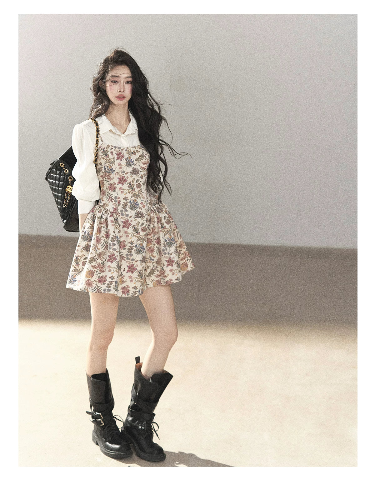 AOMALM - Dutch Cheese Floral Mini Dress & Creamy White Blouse Set