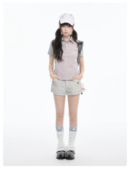 Contrast Stripe Light Gray Pink Polo Collar Short Sleeve Top / Shorts