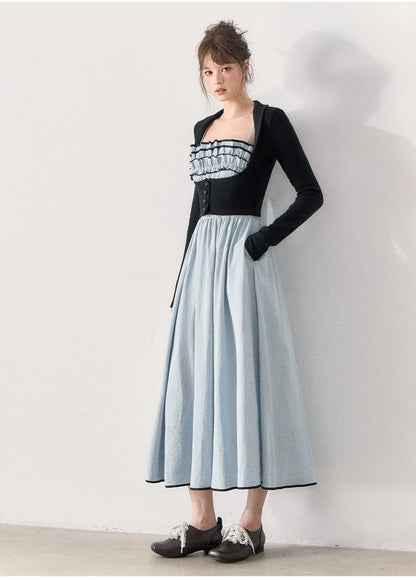 [TMMG] French Vintage Ruffle Dress & Cropped Knit Cardigan Set