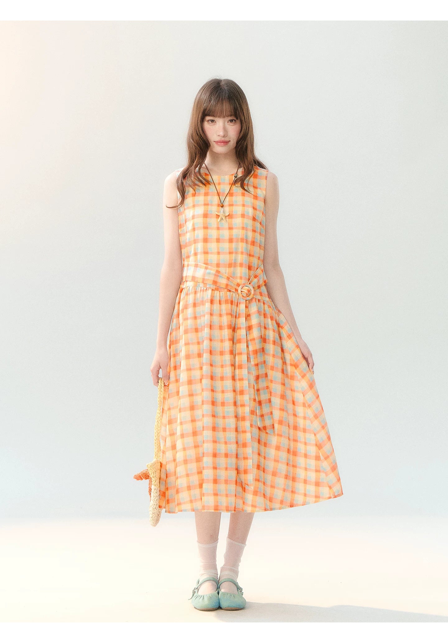 "Orange Sugar Cube" Tangerine Plaid Tie-Waist Sleeveless Dress SH2026201