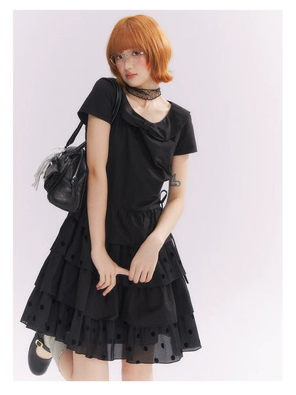 “Midnight Sweetheart” Black Korean-Style Bow Polka Dot Tiered Dress