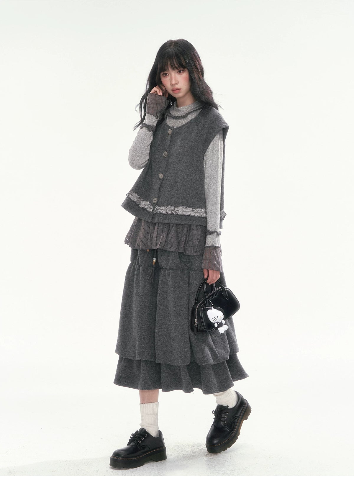 [CAN] Dark Gray Tiered Wool-Blend Midi Skirt