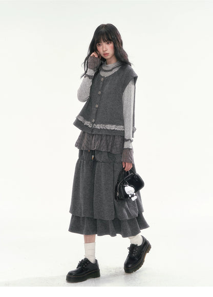 [CAN] Dark Gray Tiered Wool-Blend Midi Skirt