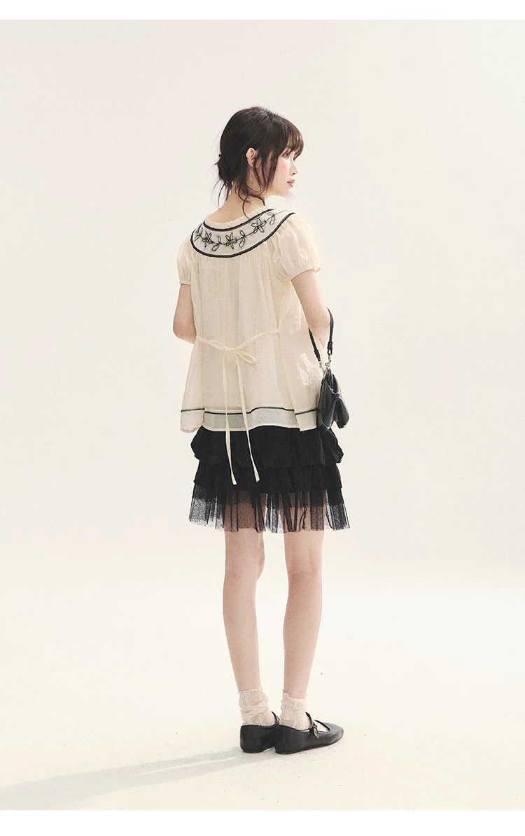 "Toasted Cookie" Yellow Flower Rope Embroidery Babydoll Top
