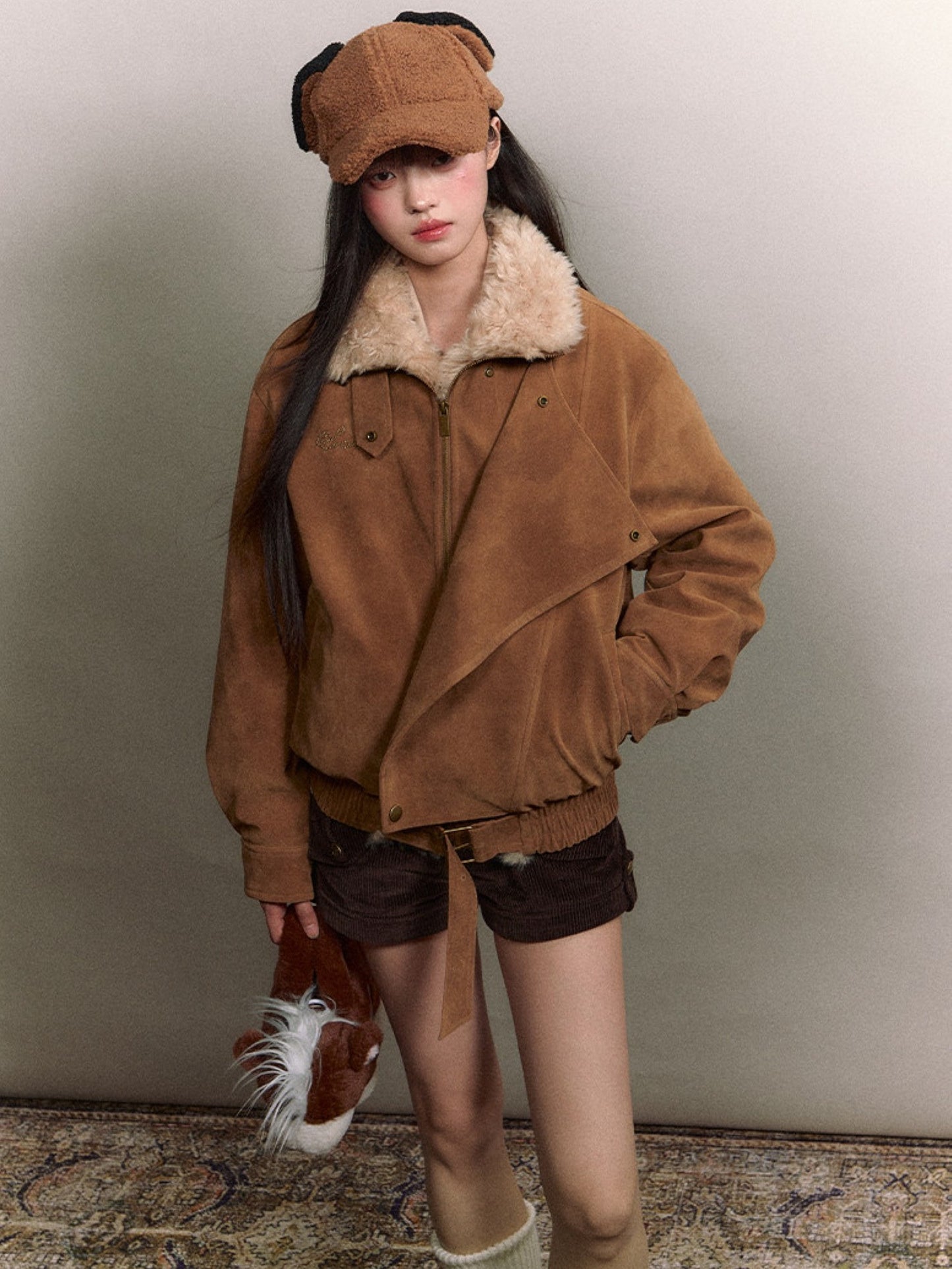 Soote Season - “Melard Mood” Retro Faux Suede Shearling-Trim Biker Jacket - Almond Brown