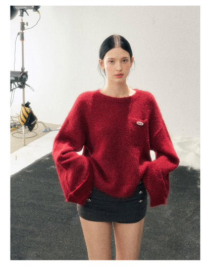 少也眼 “Winter Snow Holds Gentle Warmth” Angora-Blend French Red Knit Sweater