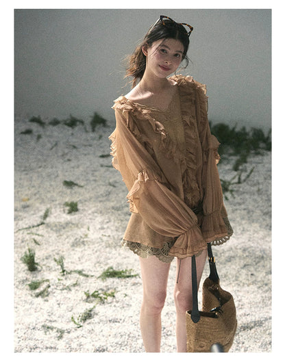 “Whispers of the Wind” Ash Caramel Lace Chiffon Blouse (With Belt)