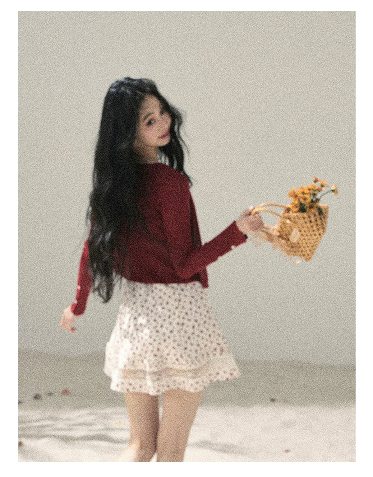 "Blooming Rose Reverie" Cloud White Floral Lace Mini Dress & Burgundy Wine Cardigan 56483