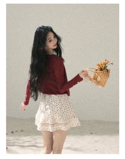 "Blooming Rose Reverie" Cloud White Floral Lace Mini Dress & Burgundy Wine Cardigan 56483
