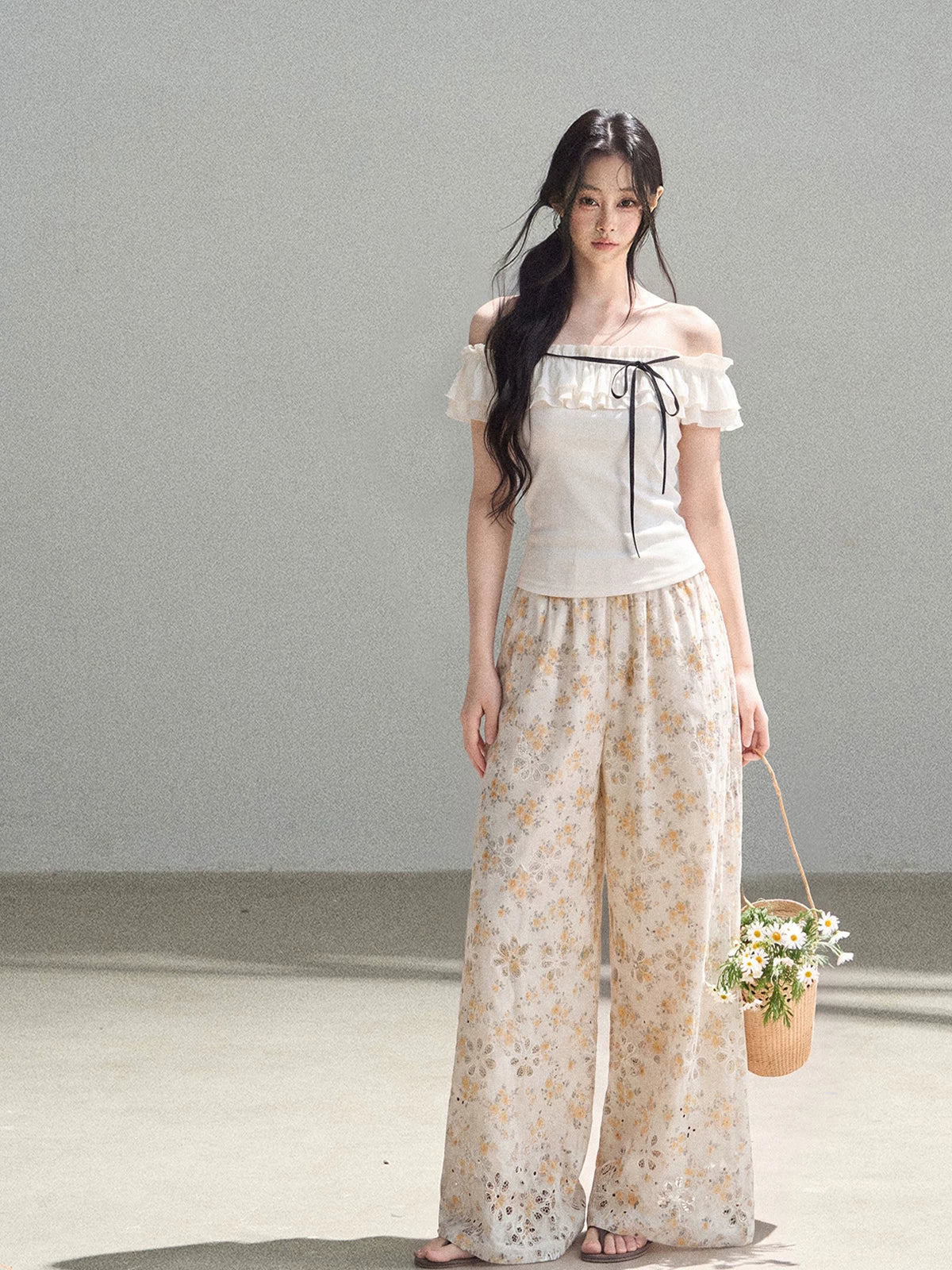 AOMALM - "A Cloud in Bloom" Primrose Yellow Floral Embroidered Lace Wide-Leg Pants