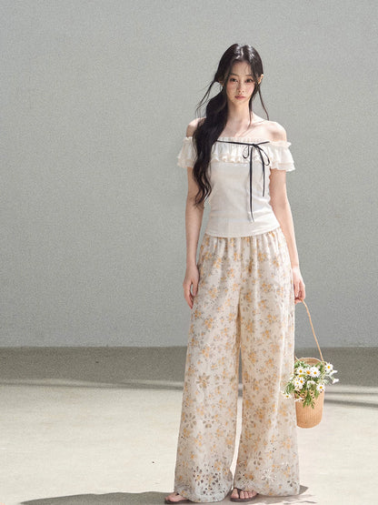 AOMALM - "A Cloud in Bloom" Primrose Yellow Floral Embroidered Lace Wide-Leg Pants