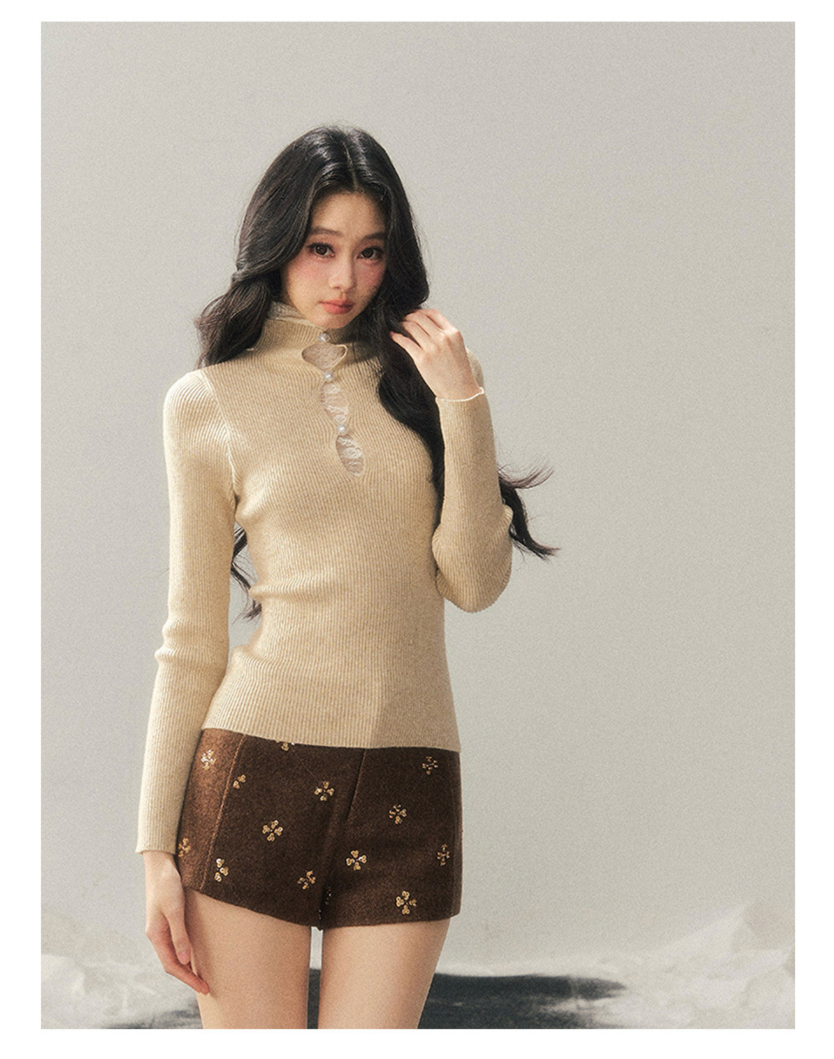 040126 "Lacewoven Dream" Mock Neck Layered Lace Knit Top - Cream Apricot
