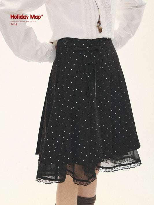 "Polka Reverie" Black Polka Dot Bow Pleated Mini Skirt