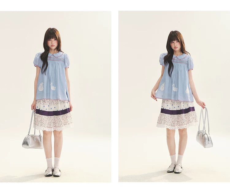 "Moonlight Grape" Vintage Floral Polka Dot Lace A-Line Skirt