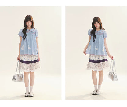"Moonlight Grape" Vintage Floral Polka Dot Lace A-Line Skirt