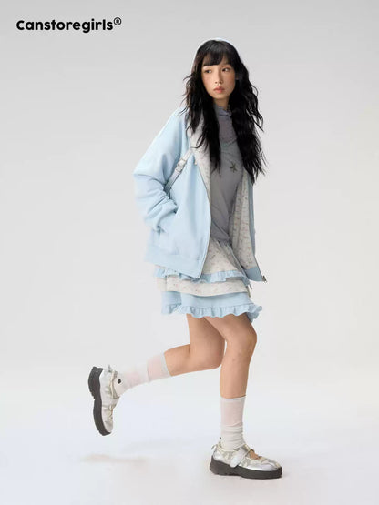 [CAN] "Misty Blue Floral Reverie" Light Blue Floral Set (Reversible Jacket / Sweatpants / Tiered Skirt)