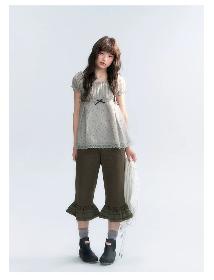 "Polka Dot Constellation" Gray Polka Dot Square Neck Puff Sleeve Top