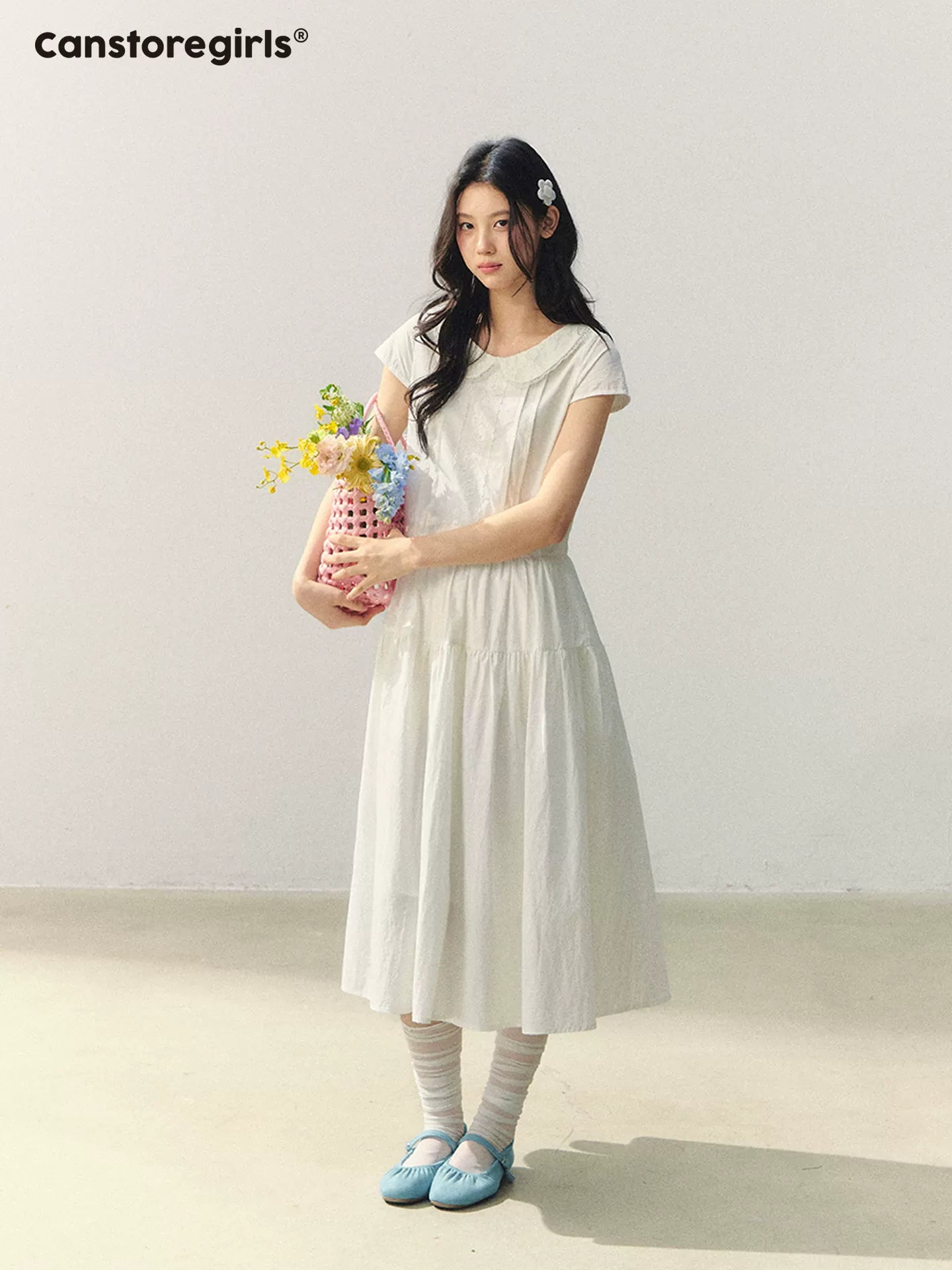 "Sakura Letter" Lace Doll Collar Waist-Fit Midi Dress WW2026004