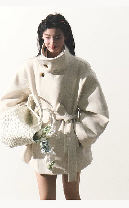 OAKMOO/ "A Touch of Soft Clouds" Fragrant White Wool-Blend Belted Short Coat