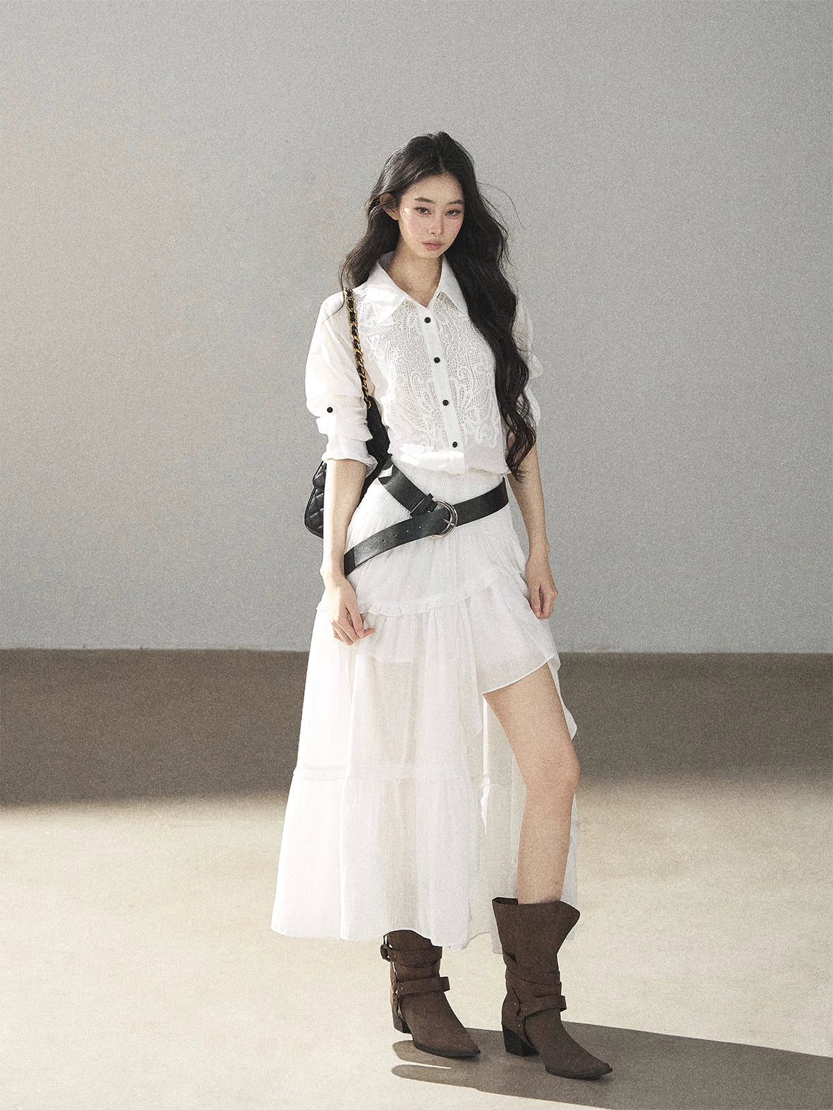 AOMALM - “Her Hemline” White Lace Shirt Dress with Belt