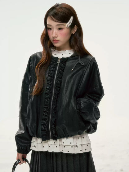 BIBIBENCY - Black Ruffle-Trim Faux Leather Jacket