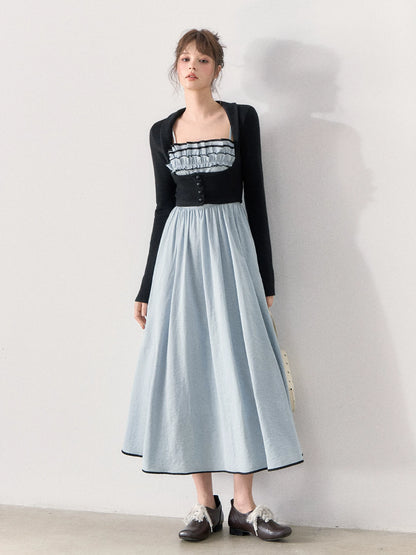 [TMMG] French Vintage Ruffle Dress & Cropped Knit Cardigan Set