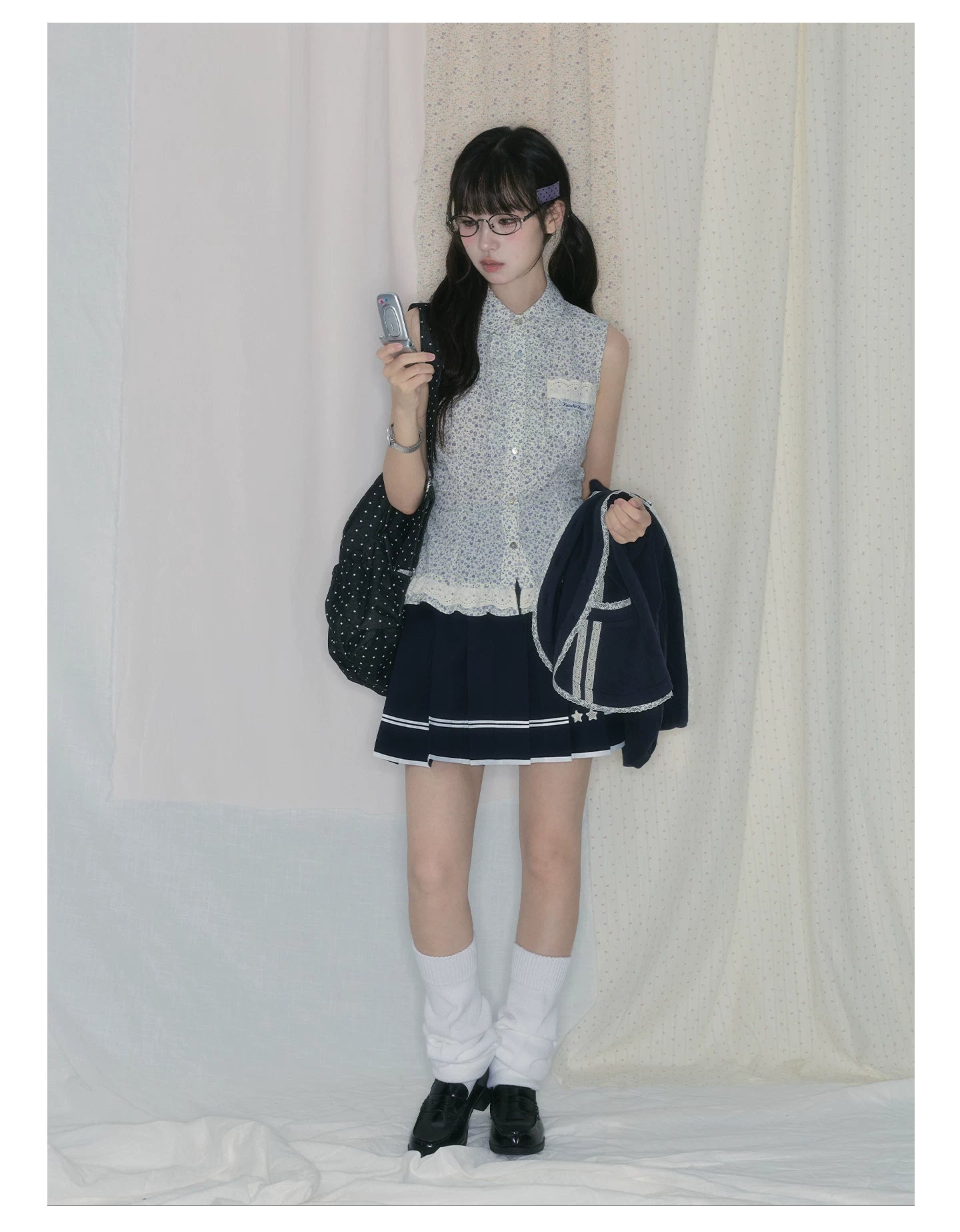 "Midnight Blossom" Vintage Floral Collection (Sleeveless Blouse / Hooded Cardigan / Box Pleated Skirt)