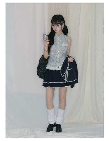 "Midnight Blossom" Vintage Floral Collection (Sleeveless Blouse / Hooded Cardigan / Box Pleated Skirt)