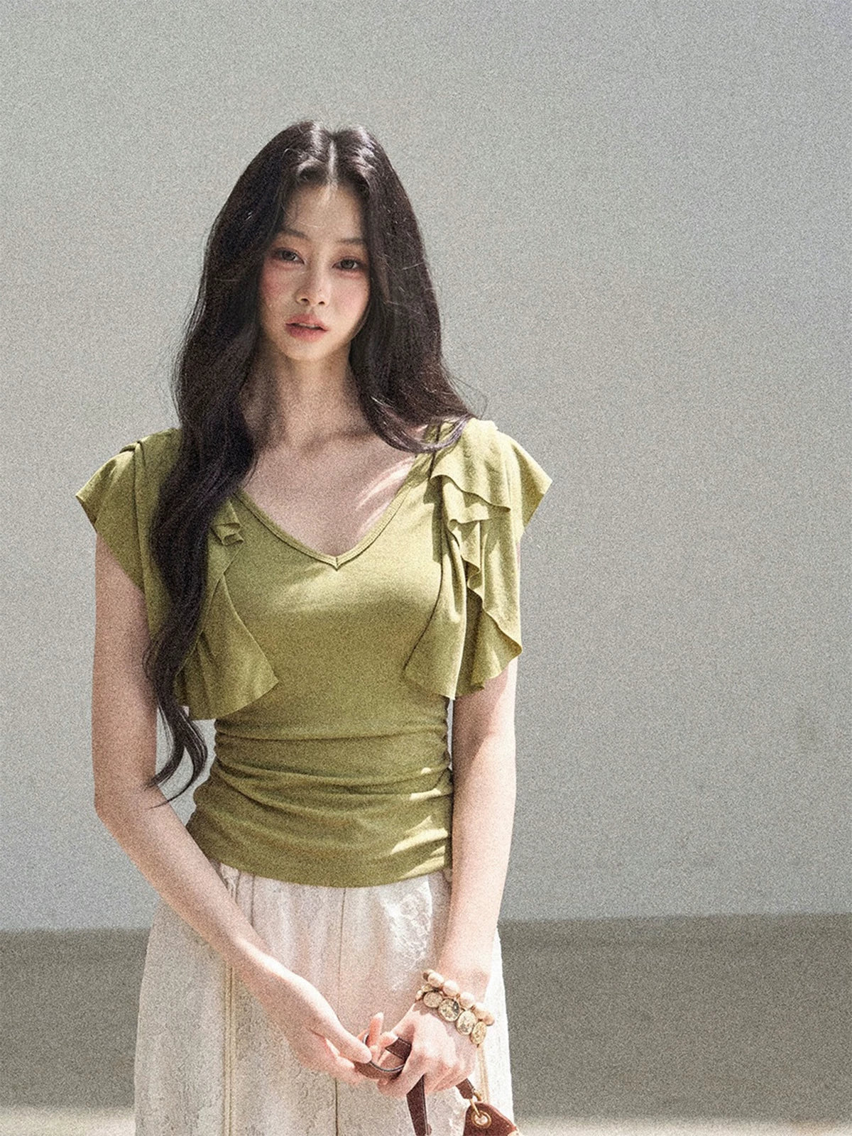 "Where Clouds Fall" Ruffle Sleeve V-Neck Crop Top (Forest Green/ Sage Gray/ Misty Blue/ Cinnamon Pink)