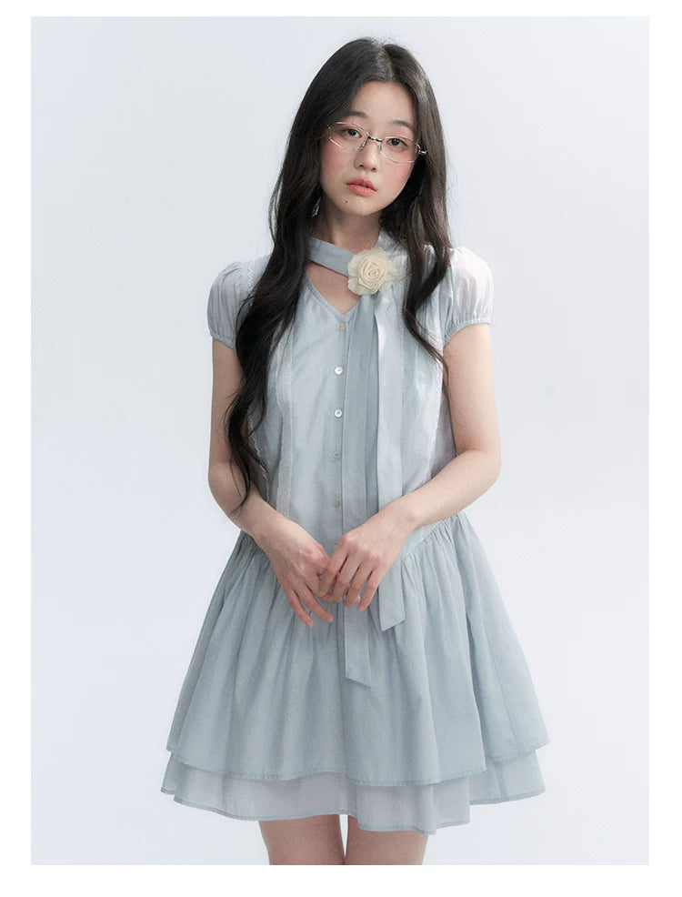 "Cedar Salt" Cool Moon Blue Lace Trim Puff Sleeve Dress