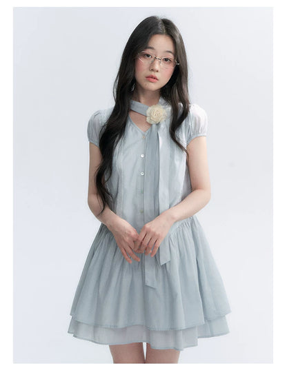 "Cedar Salt" Cool Moon Blue Lace Trim Puff Sleeve Dress