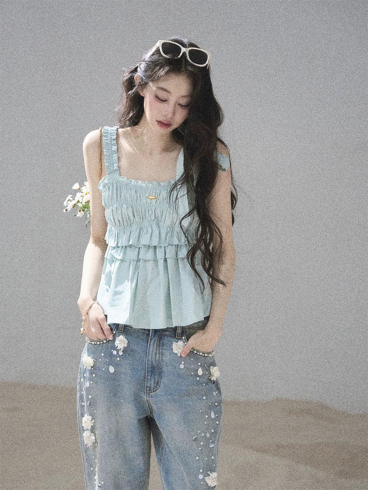 "Gentle Whisper" Glacier Blue Ruffle Peplum Cotton Top
