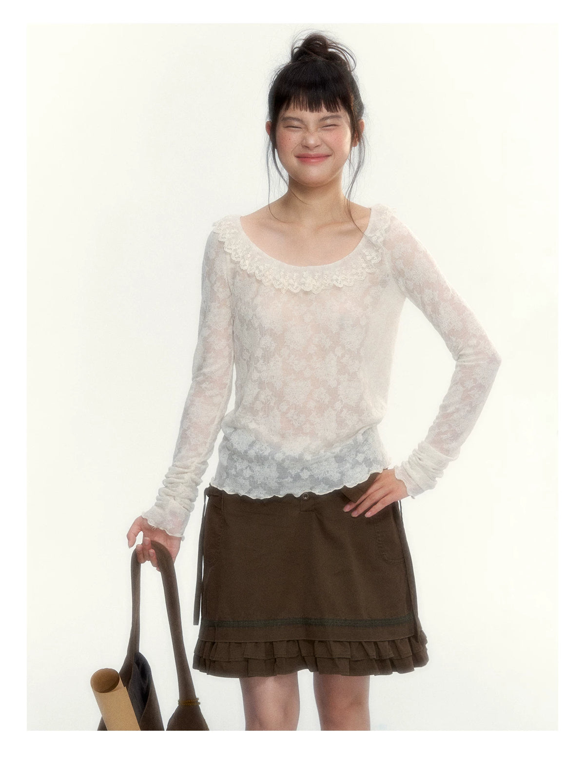 “Everyday Mist” Jacquard Lace Layering Top ( Ivory / Fog Gray )