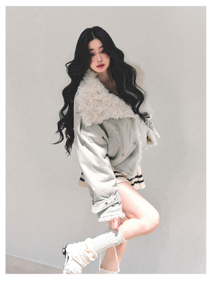 少也眼 "Velveted Winter" Cozy Shearling Fleece Jacket - Light Gray
