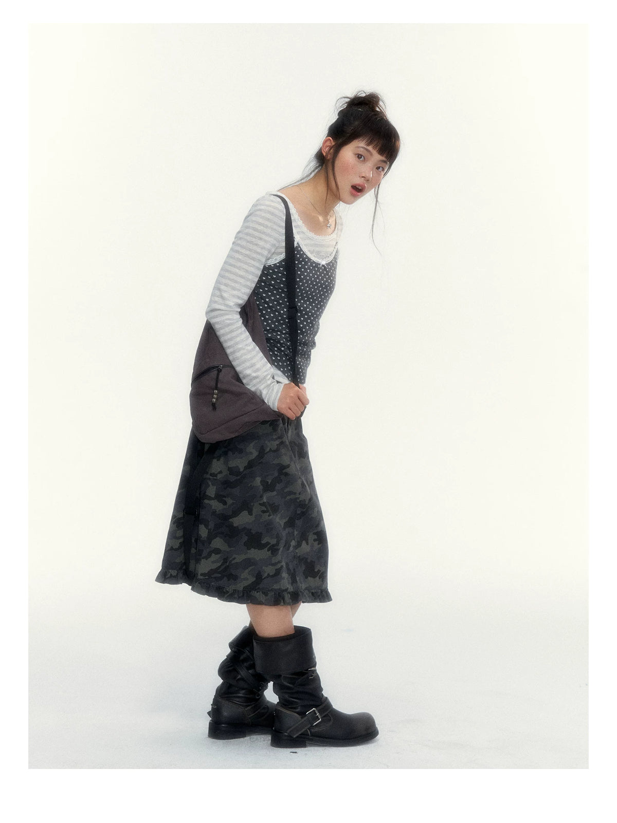 “Early Gray” Light Gray Striped Lace-Trimmed Fitted Long-Sleeve Top