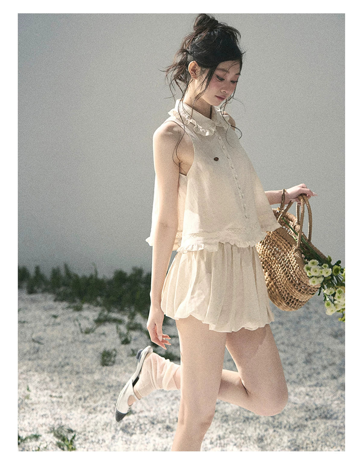 "Soft Cloud Reverie" Dutch Cream Lace Top & Bubble Skirt & Wide-Leg Pants Set 5468465