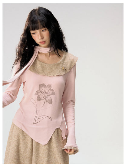 [CAN] "Dusky Floral Whispers" Blush & Chestnut Brown Set (Long Sleeve Top / Tassel Mini Skirt)