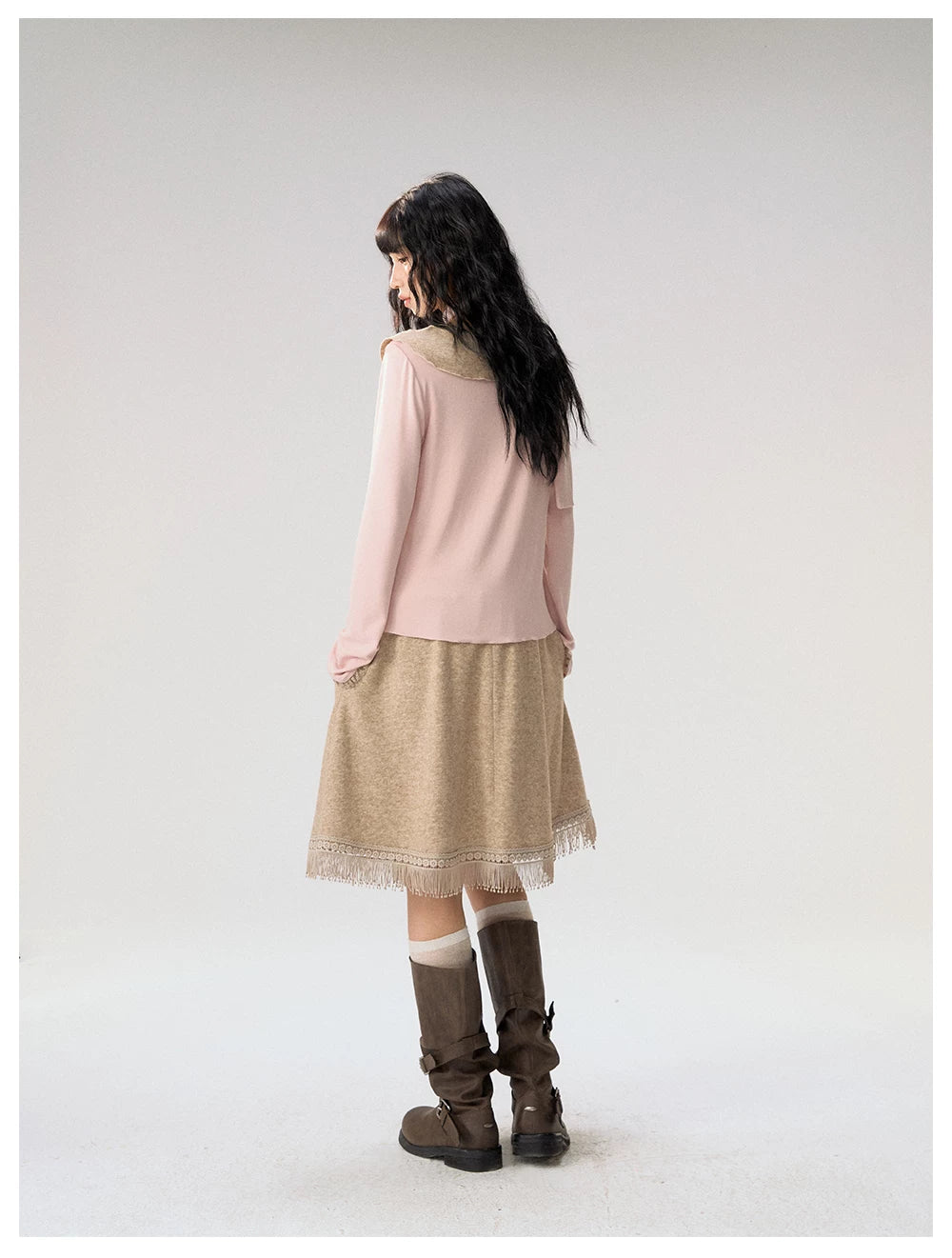 [CAN] "Dusky Floral Whispers" Blush & Chestnut Brown Set (Long Sleeve Top / Tassel Mini Skirt)