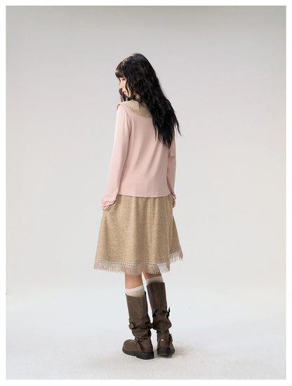 [CAN] "Dusky Floral Whispers" Blush & Chestnut Brown Set (Long Sleeve Top / Tassel Mini Skirt)