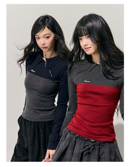 少也眼 “Undercurrents of Time” Slim-Fit Long-Sleeve Polo Knit Top