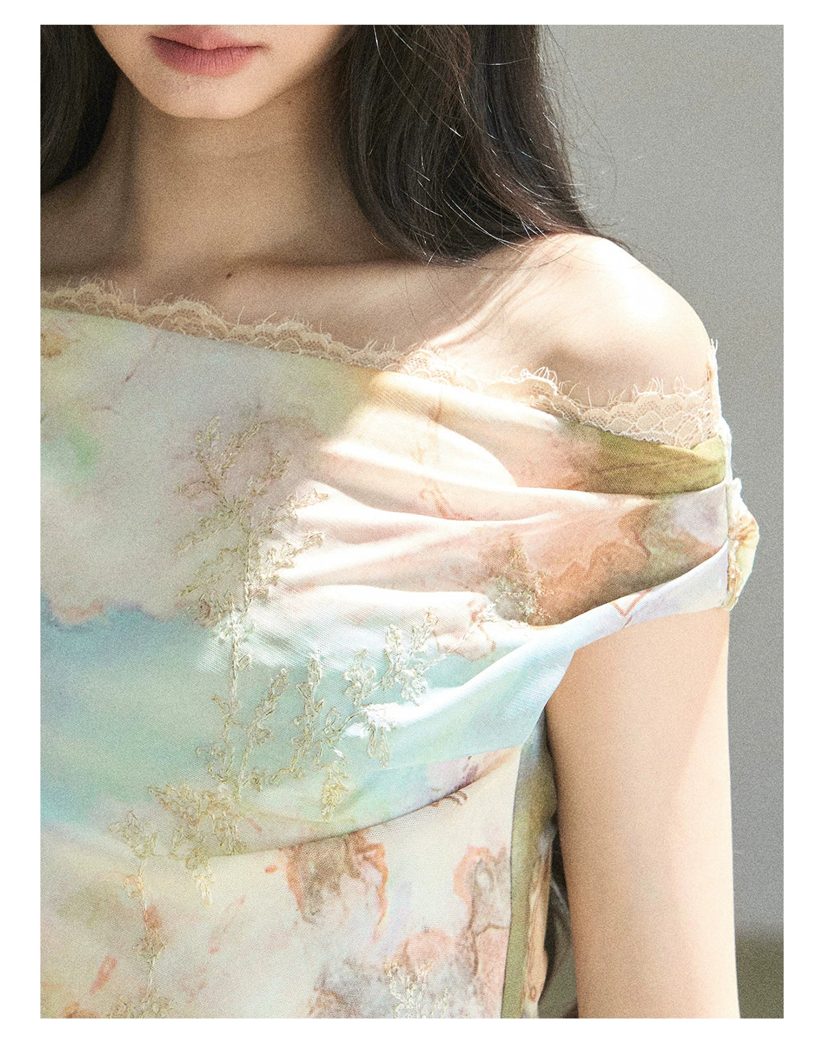 "Daisies & Poppies" Misty Meadow Off-Shoulder Lace Maxi Dress