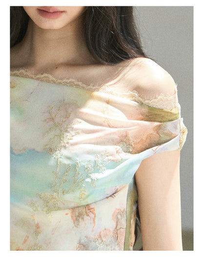 "Daisies & Poppies" Misty Meadow Off-Shoulder Lace Maxi Dress